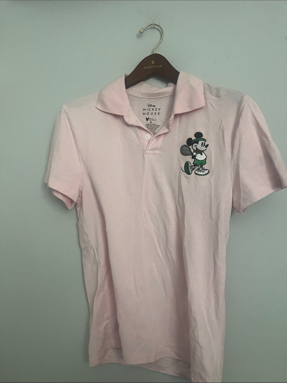 Disney Men’s Light Pink Polo with Embroidered Mickey Graphic